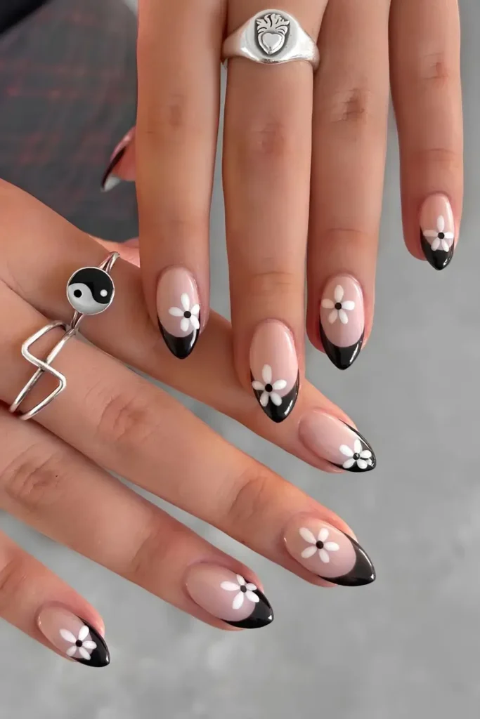Black French Manicure With White Flowers
