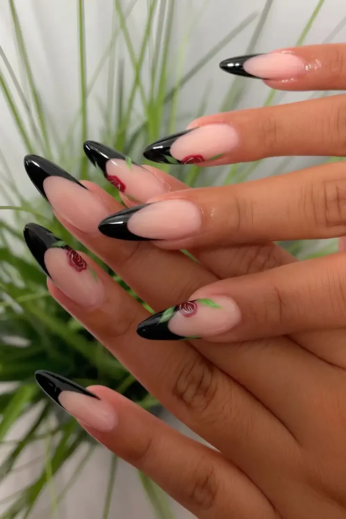 Black French Nails With Rose Flower Art