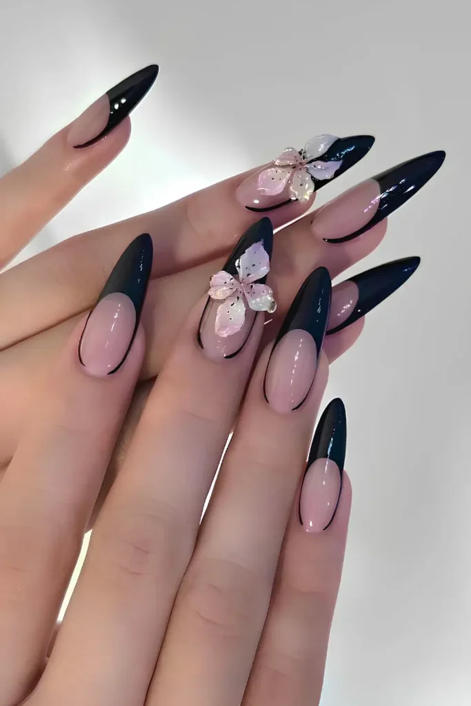 Black French Nails With 3D Flowers for a Glam Look
