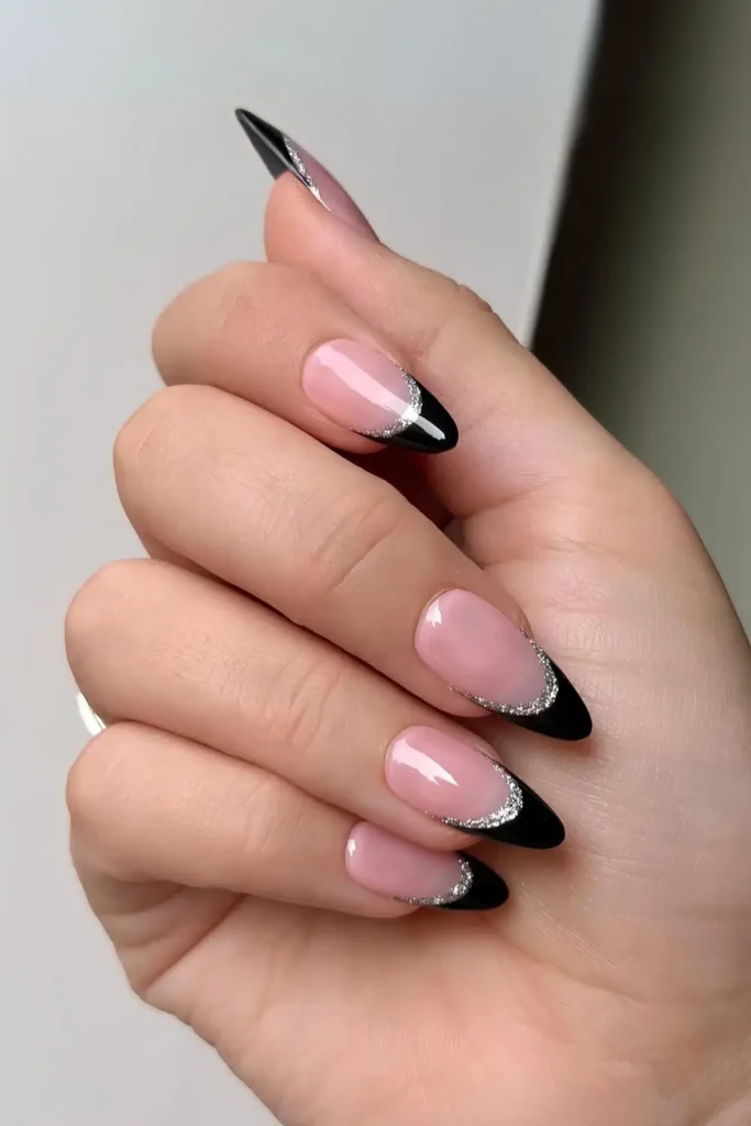 Black French Nails With Glitter Outline That Sparkles Beautifully