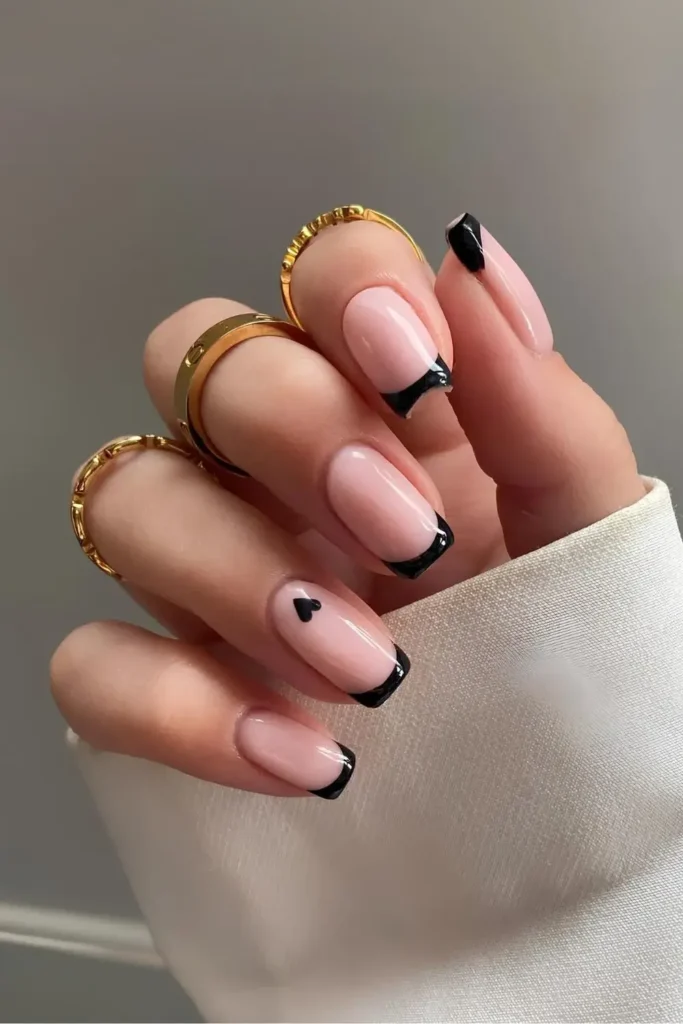 Black French Nails With Hearts for a Cute Look