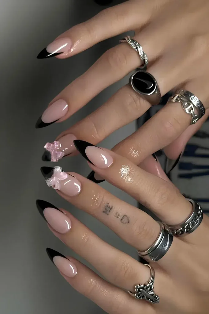 Black French Nails With Pink 3D Bows