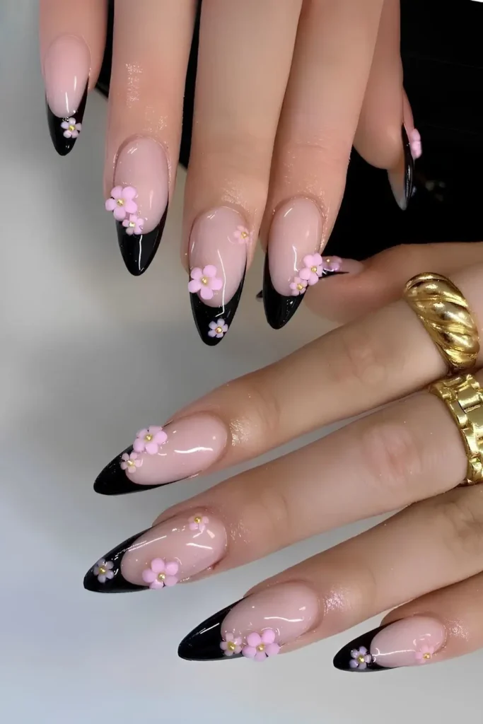 Black French Nails With Pink Textured Flowers
