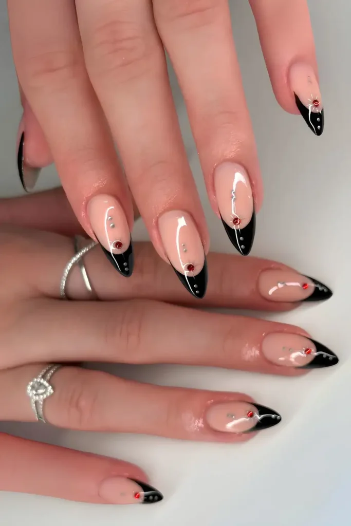 Black French Nails With Red Rhinestones