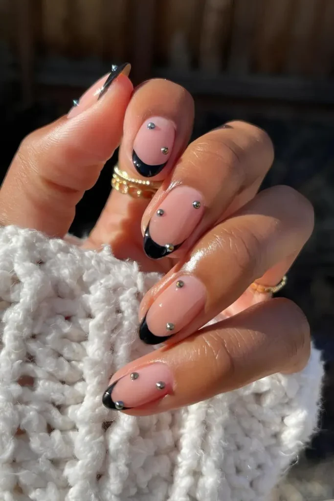 Black French Nails With Silver Studs for an Elegant Finish