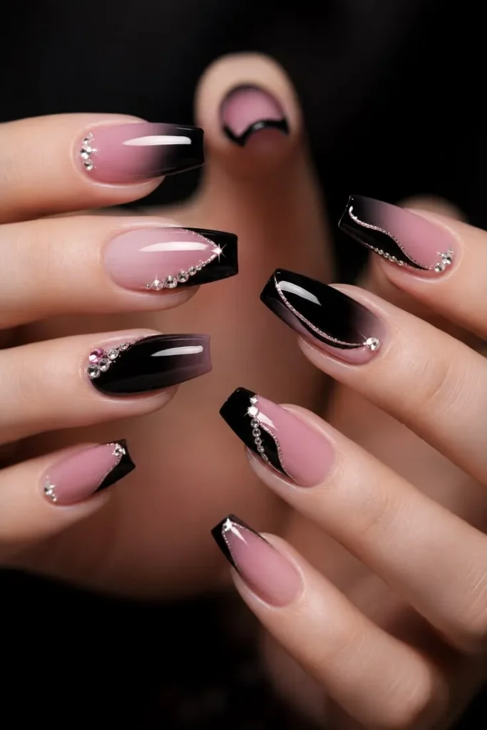 Black Ombre French Nails With Rhinestone Curve Accent Design