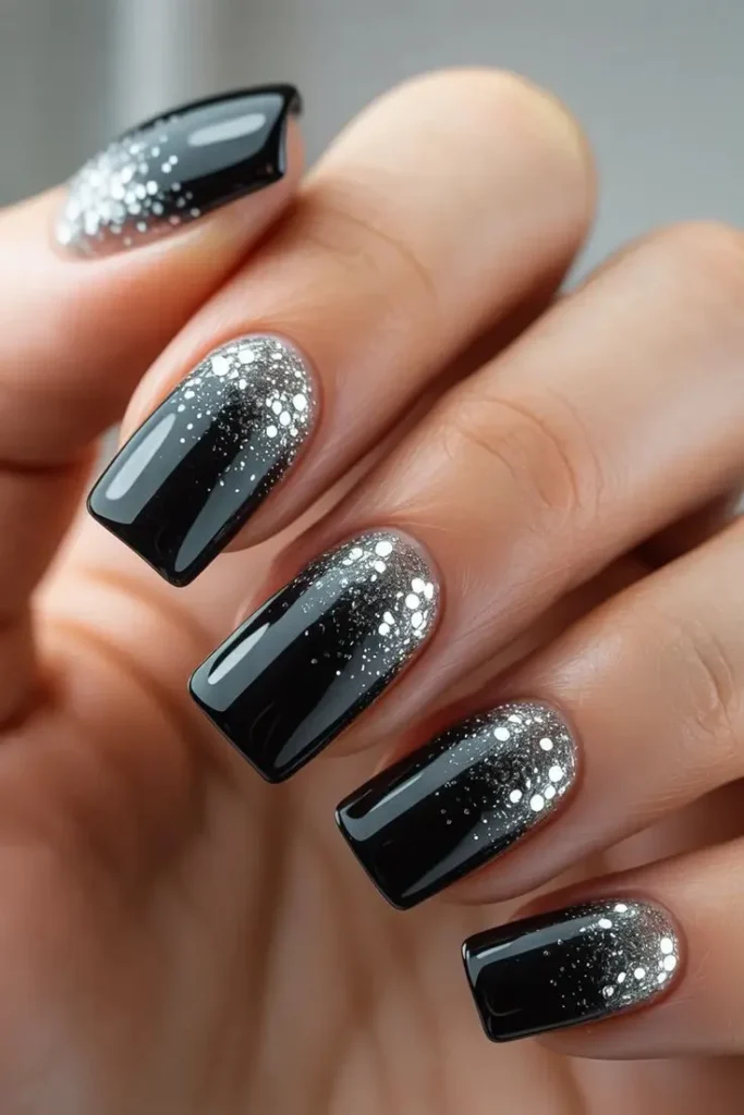 Black Ombre Glitter Nails With Sparkling Silver Gradient Finish