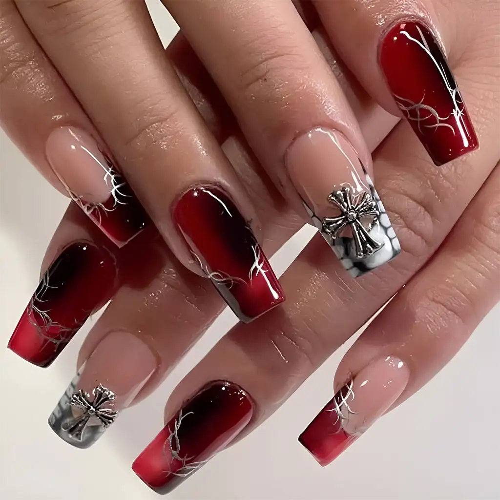 Black and Red Jelly Nails With a Vertical Gradient