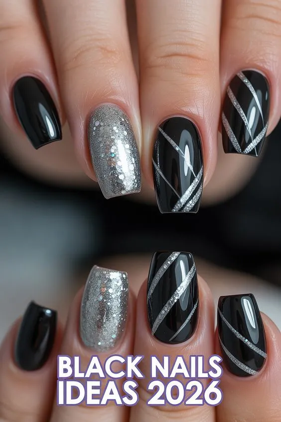 Black and Silver Glitter Nails With Metallic Stripe Accents