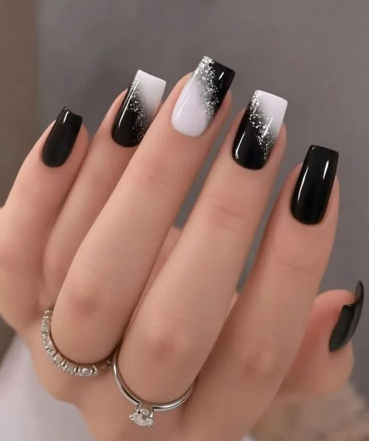 Black and White Ombre Nails With Silver Glitter Gradient