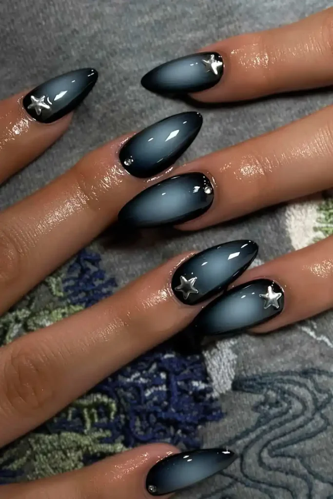 Black and Blue Aura Nails With Star Art That Shine Beautifully