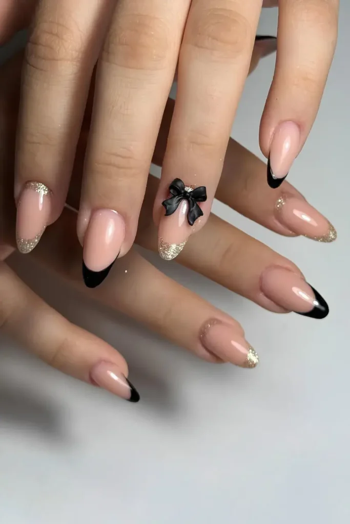 Black and Gold French Nails With 3D Bow
