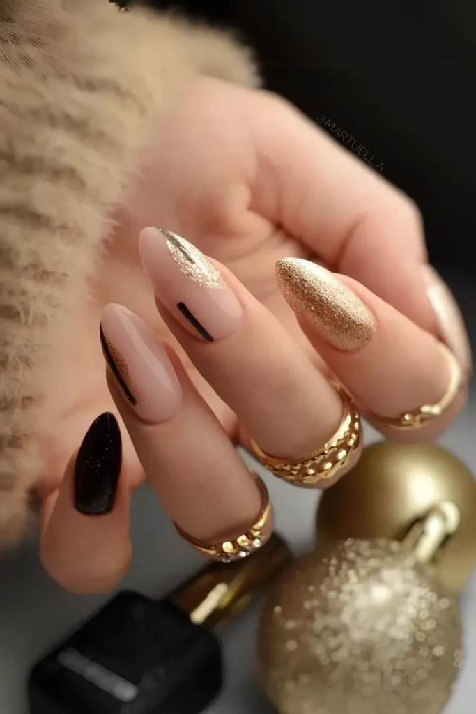 Black and Gold Nails With Geometric Accents