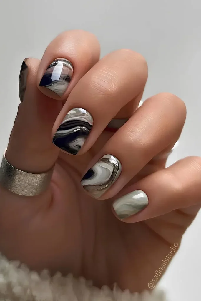 Black and Gray Marble Mani With Silver Glitter Accents
