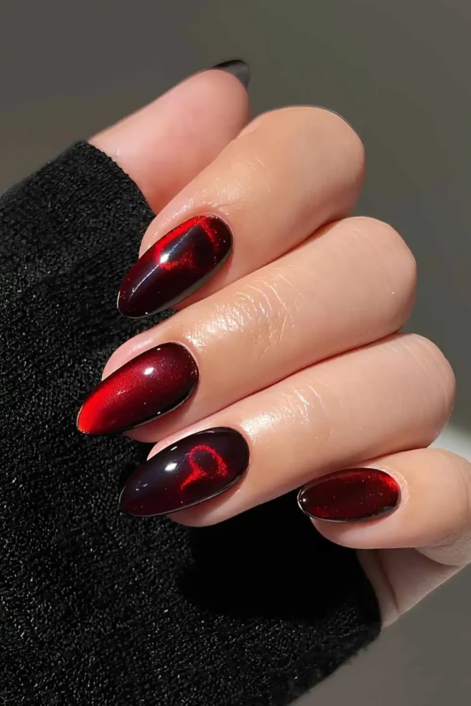 Black and Red Cat Eye Nails With Hearts