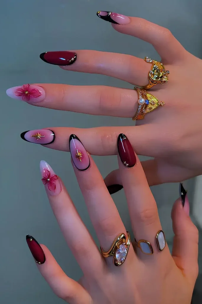 Black and Red Mix and Match Manicure