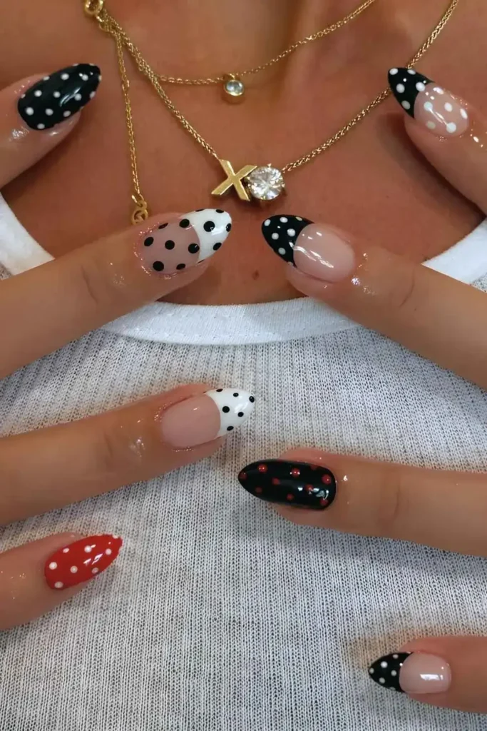 Black and Red Polka Dot Nails for a Bold Playful Look