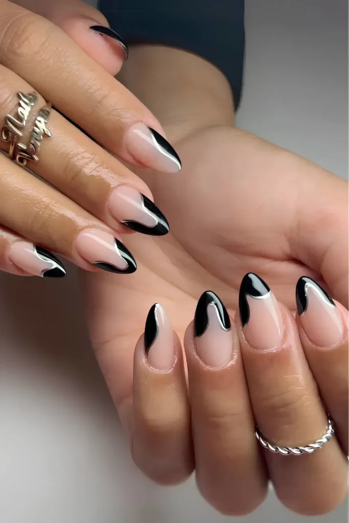 Black and Silver Drip Effect French Mani That Stands Out