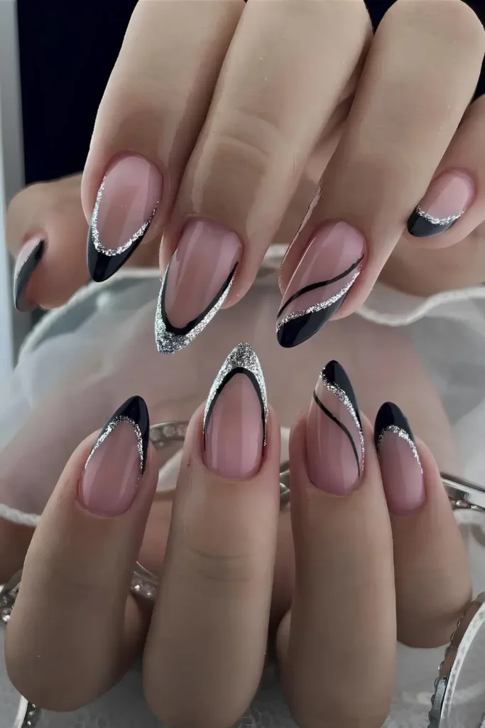 Black and Silver Glitter French Manicure for a Bold Look