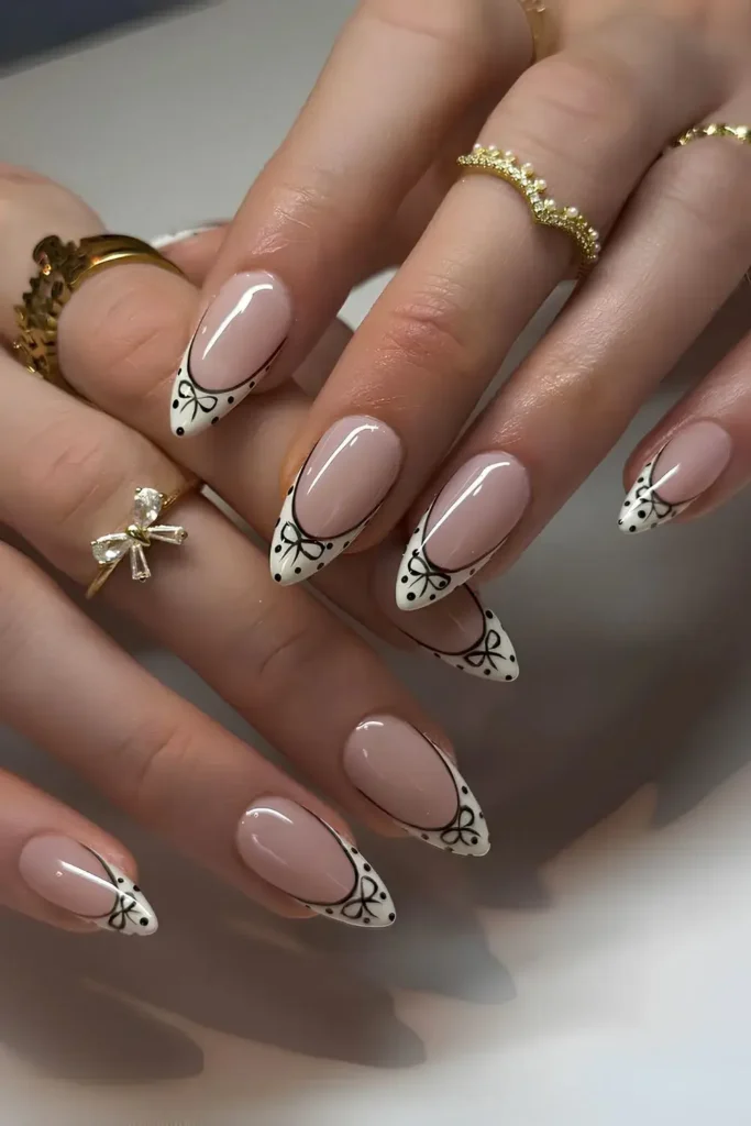Black and White French Mani With Bows