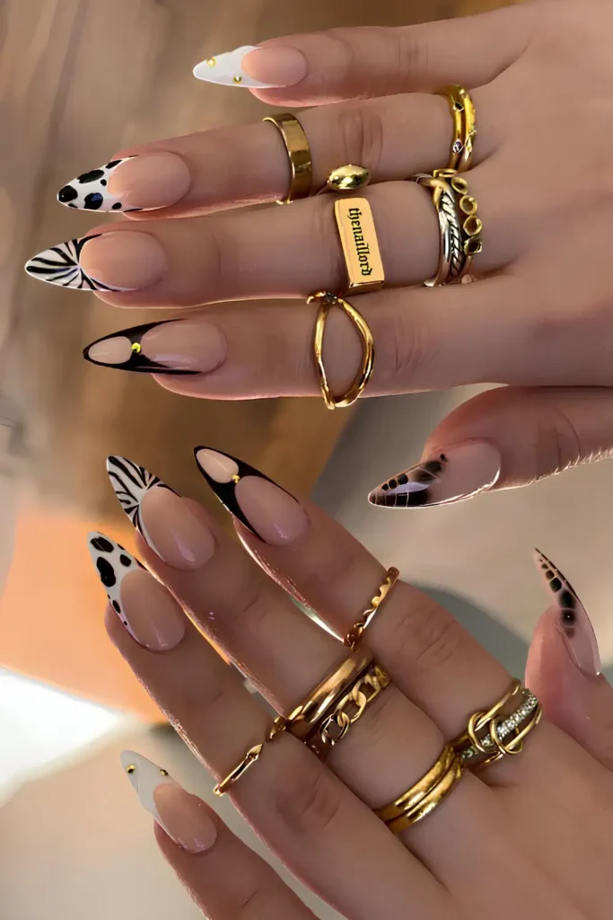 Black and White Animal Print French Nails