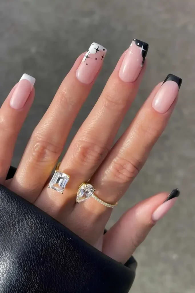 Black and White Celestial French Tip Manicure