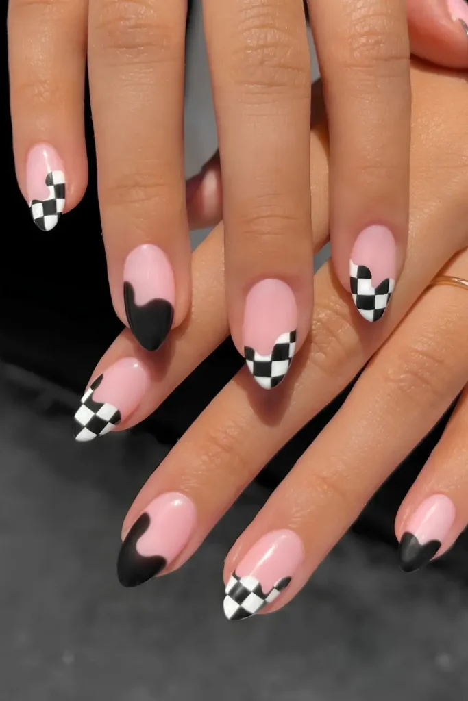 Black and White Checkerboard Accent Nails