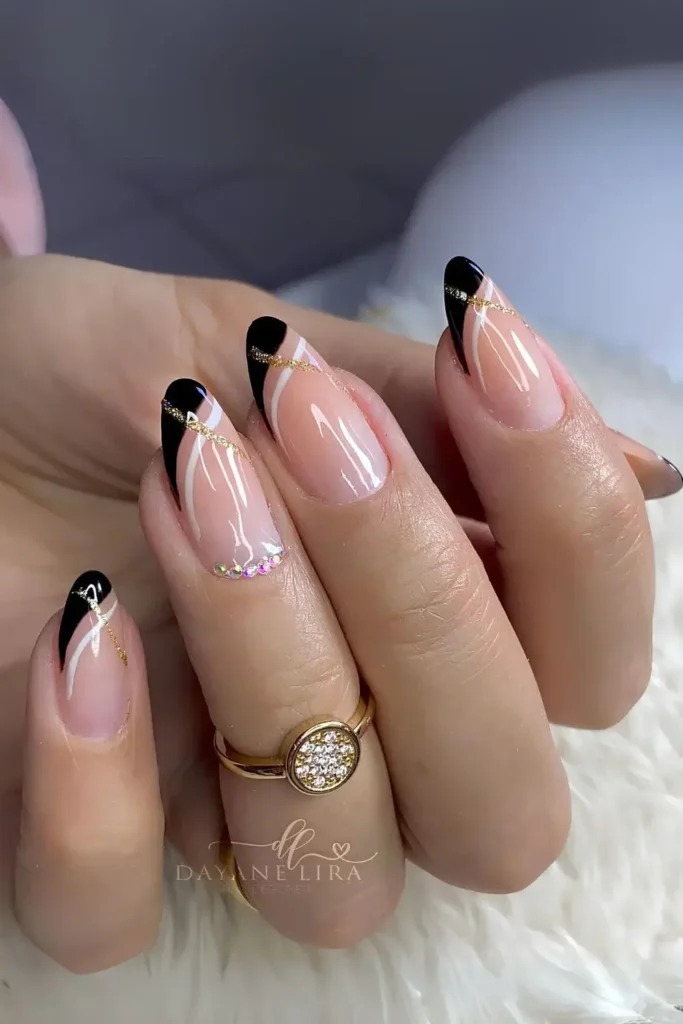 Black and White Double French Nails With Gold Swirls