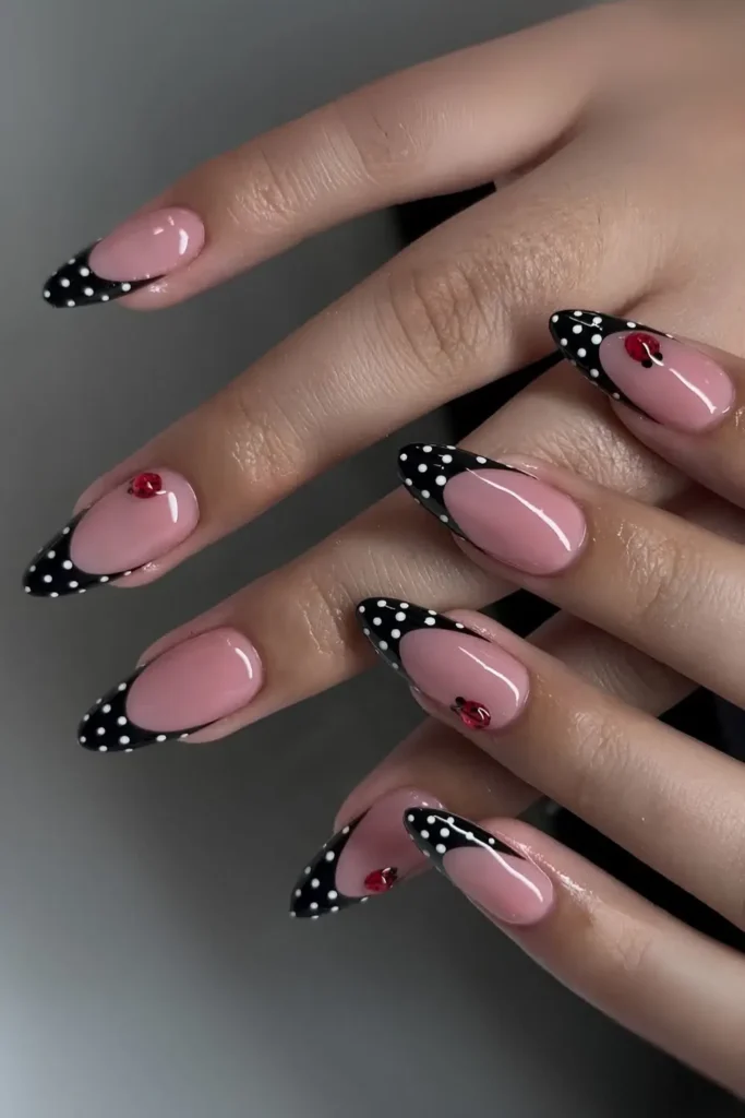 Black and White Polka Dot French Mani With Ladybug Art