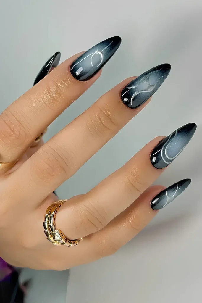 Black Aura Mani With Silver Chrome Accents for a Luxe Look