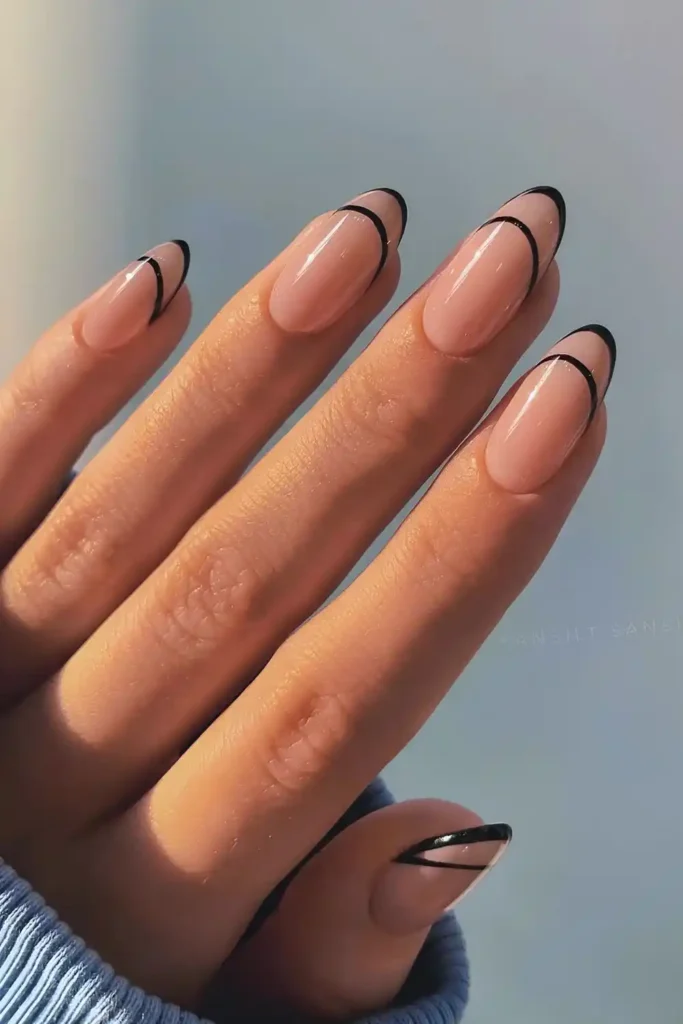 Black Double French Nails With Neutral Base for a Chic Modern Finish