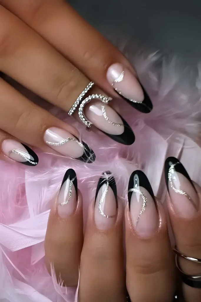 Black French Mani With Glittery Silver Swirls You'll Love