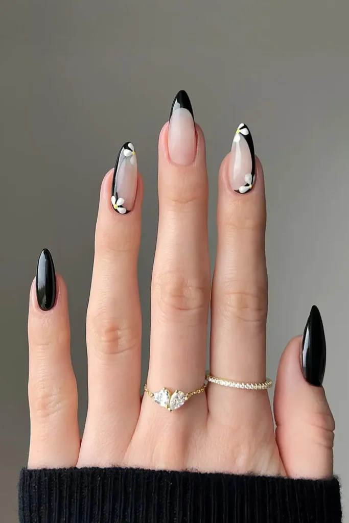 Black Mani With Daisy Flower Art