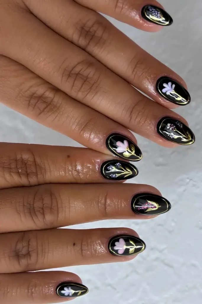 Black Mani With Vintage Inspired Floral Art