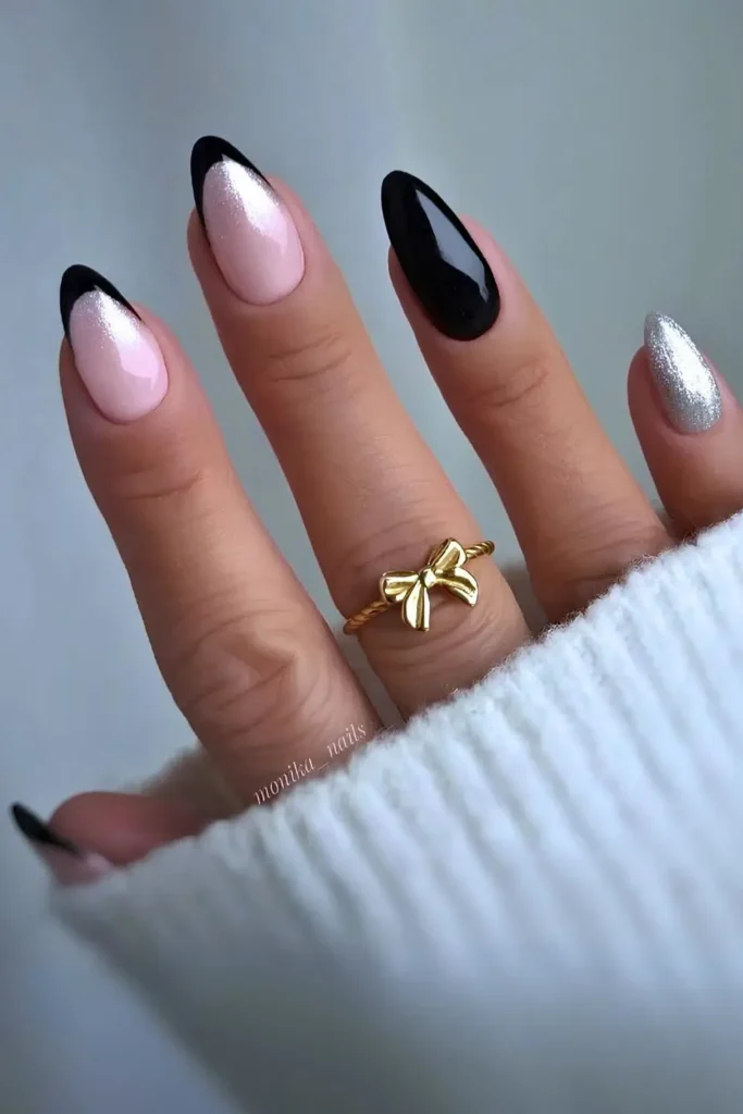 Black Manicure With Fine Silver Glitter for an Elegant Finish
