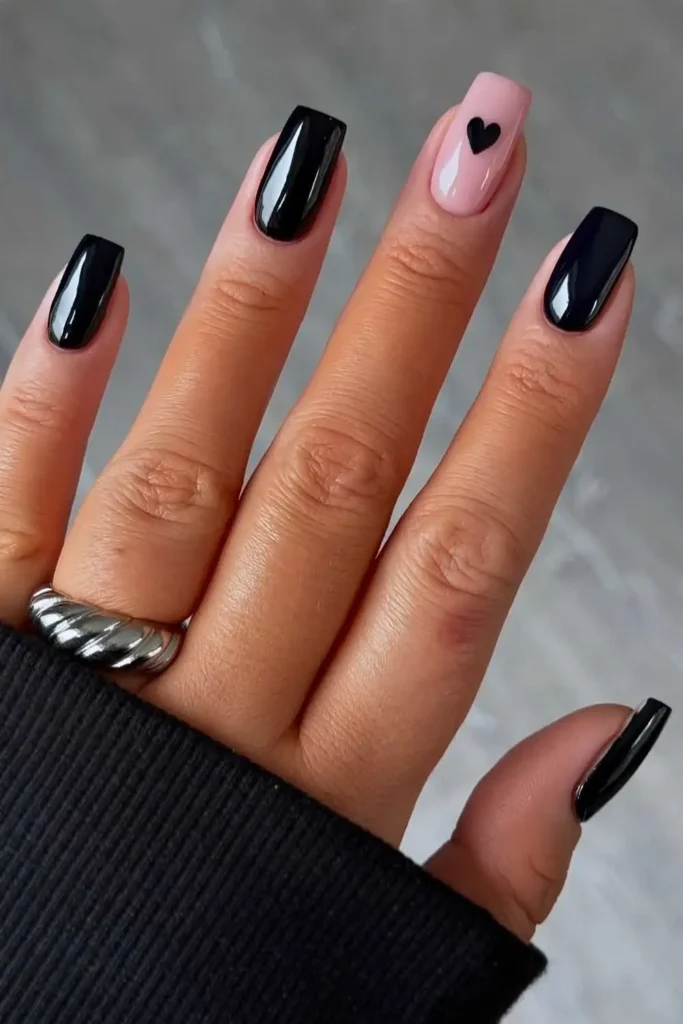 Black Manicure With Minimalist Heart Art for a Chic Style
