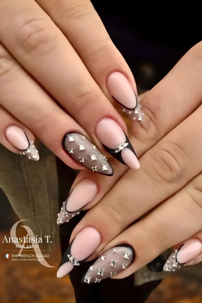 Black Matte Mani With Gem Accents