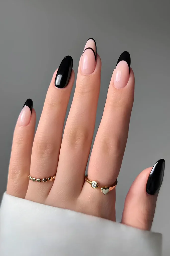 Black Nails With Accent French Tips