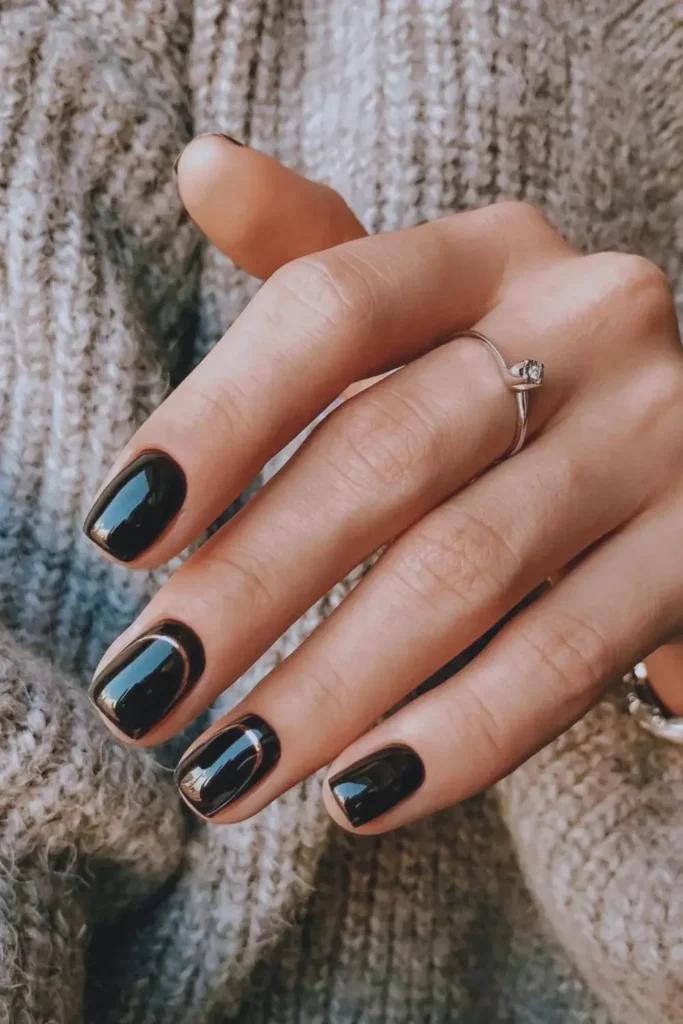Black Nails With Gold Chrome Ring Accents