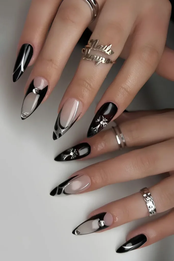 Black Nails With Rhinestones and Silver Chrome Details