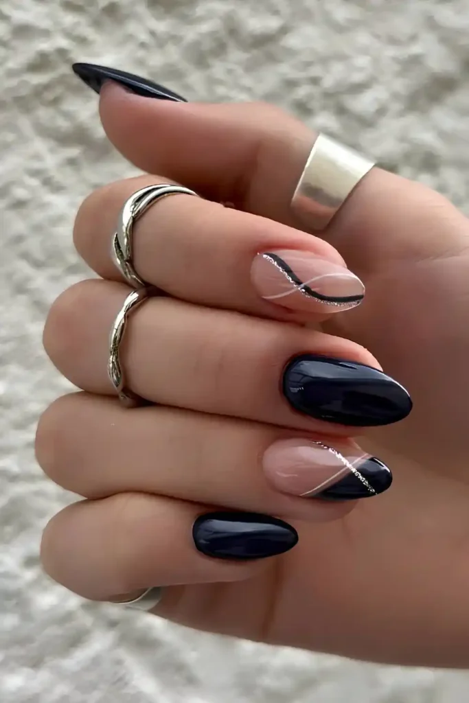 Black Nails With White and Silver Line Art That Feels Sleek