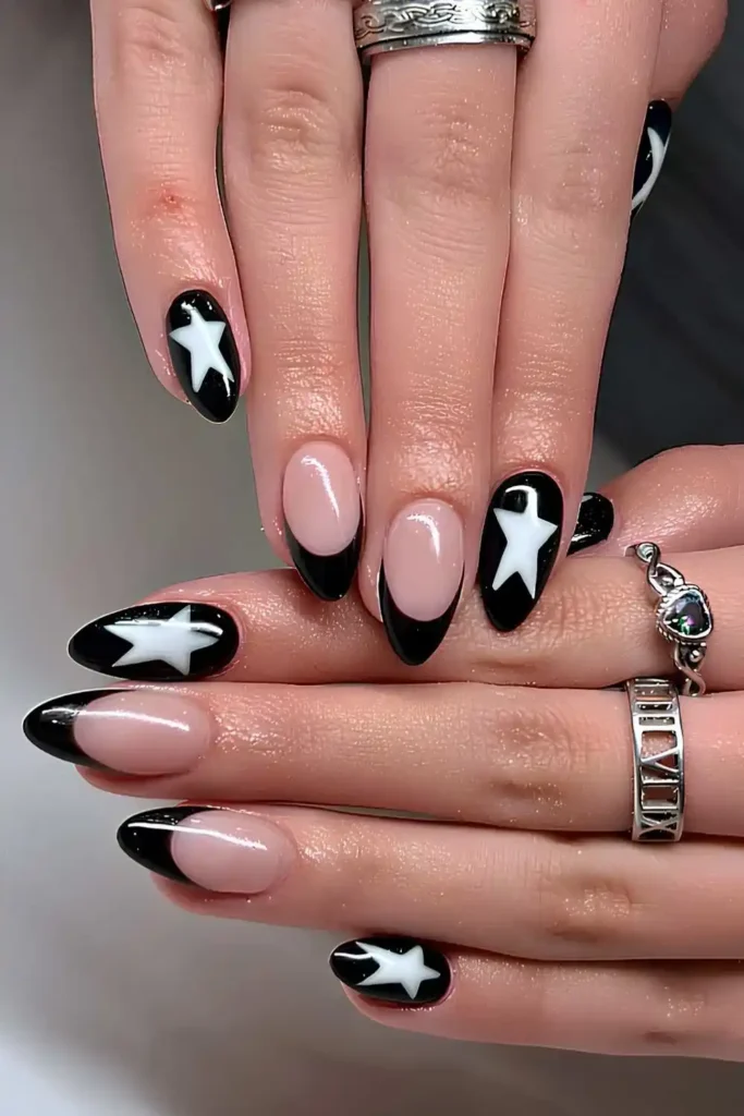 Black Nails With White Star Art That Look Celestial and Elegant