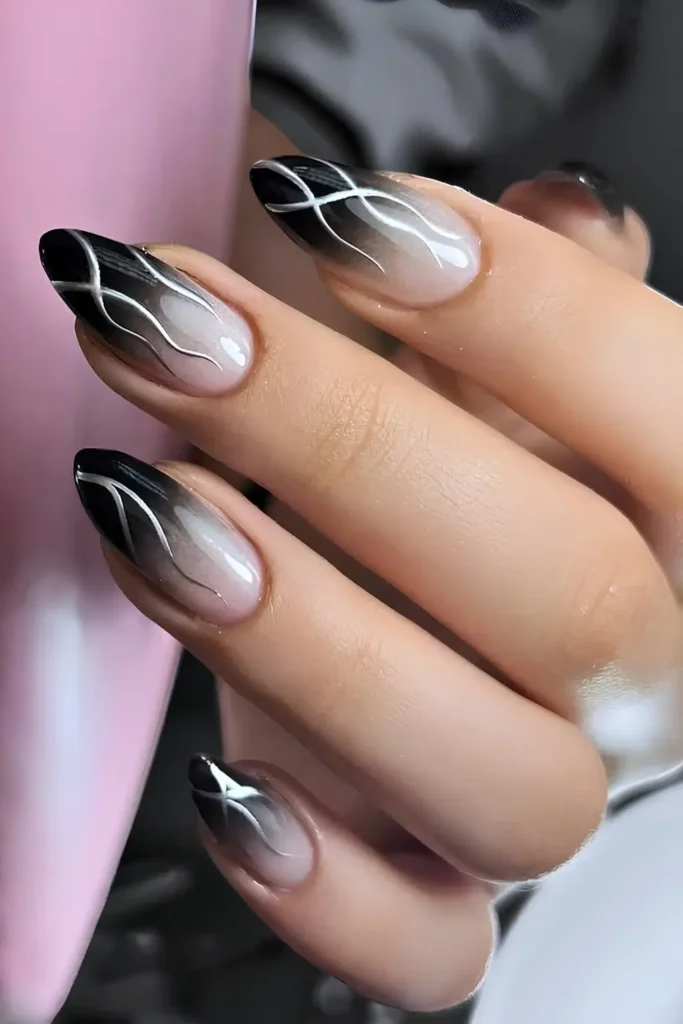 Black Ombre Nails With Silver Chrome Lines You'll Love
