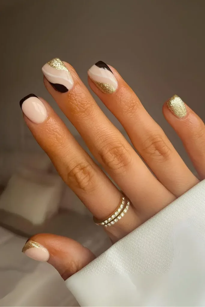 Black Gold and White Nails for a Bold Modern Look