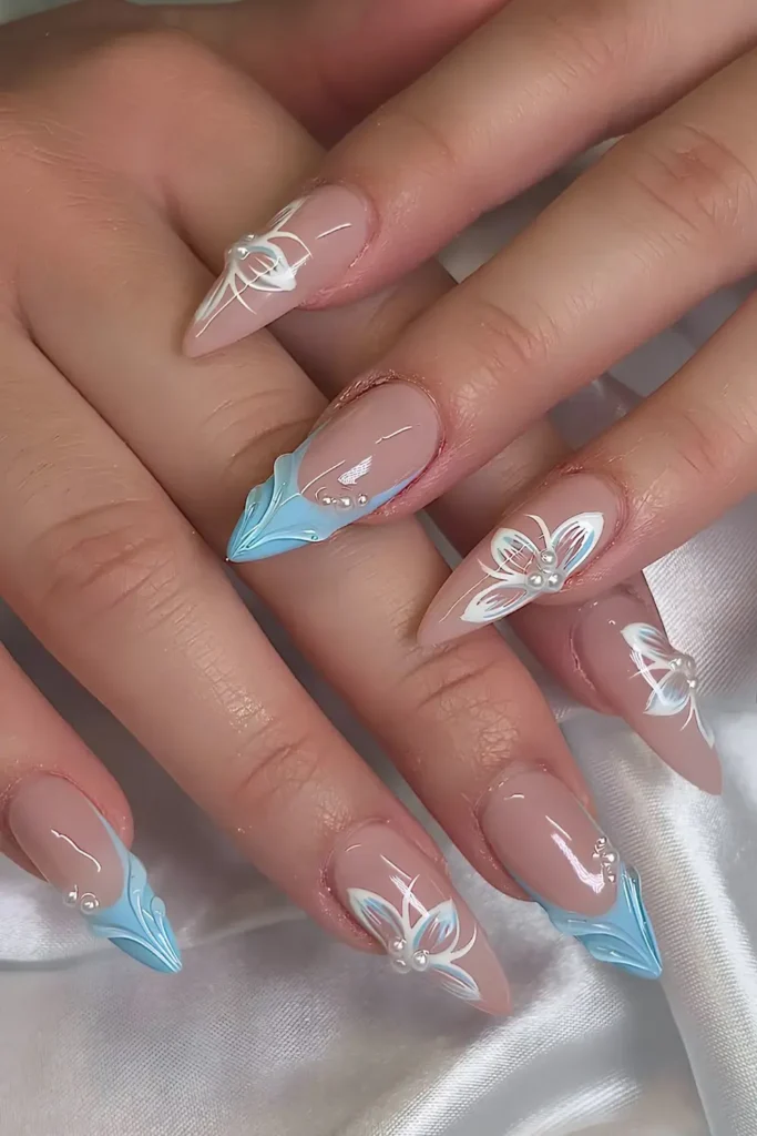 Blue French Mani With Pearls and Flowers That Looks Timeless