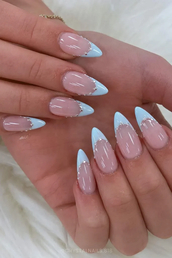 Blue French Mani With Silver Studs That Adds Instant Glam