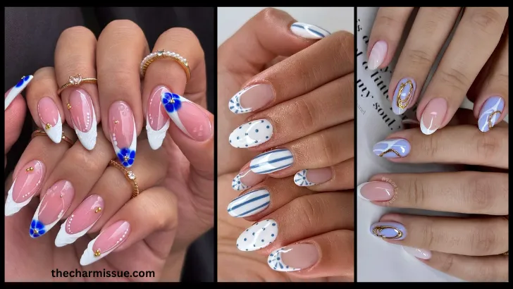 Blue and White Nails