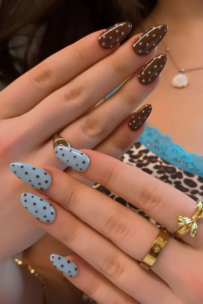 Blue and Brown Nails With Polka Dots