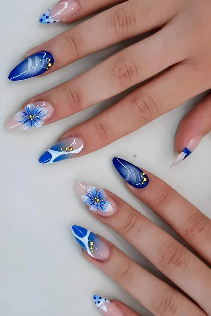 Blue and White Mani With 3D Florals and Line Art for a Stunning Finish