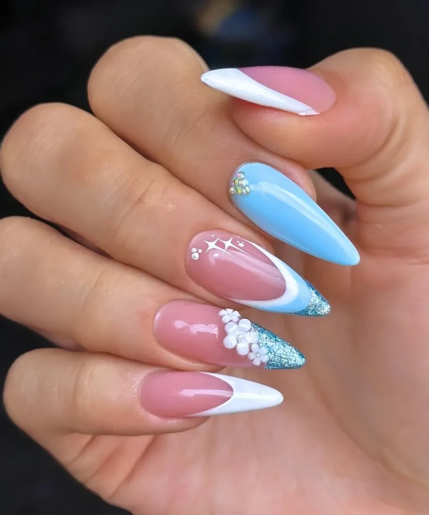 Blue and White Mani With Glitter and 3D Flowers for an Eye Catching Finish